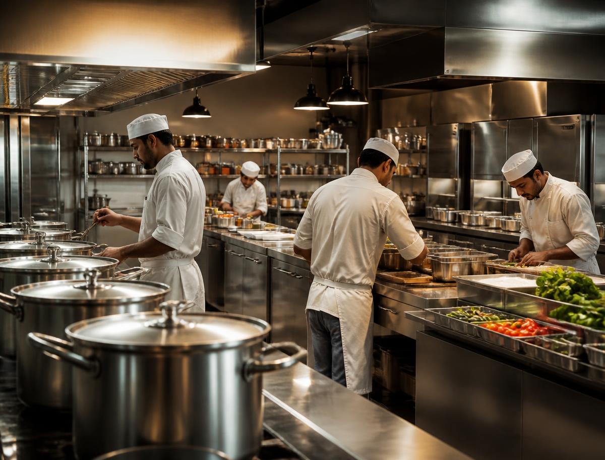 Modern hygienic stainless steel cloud kitchen at Rasalaya in Noida